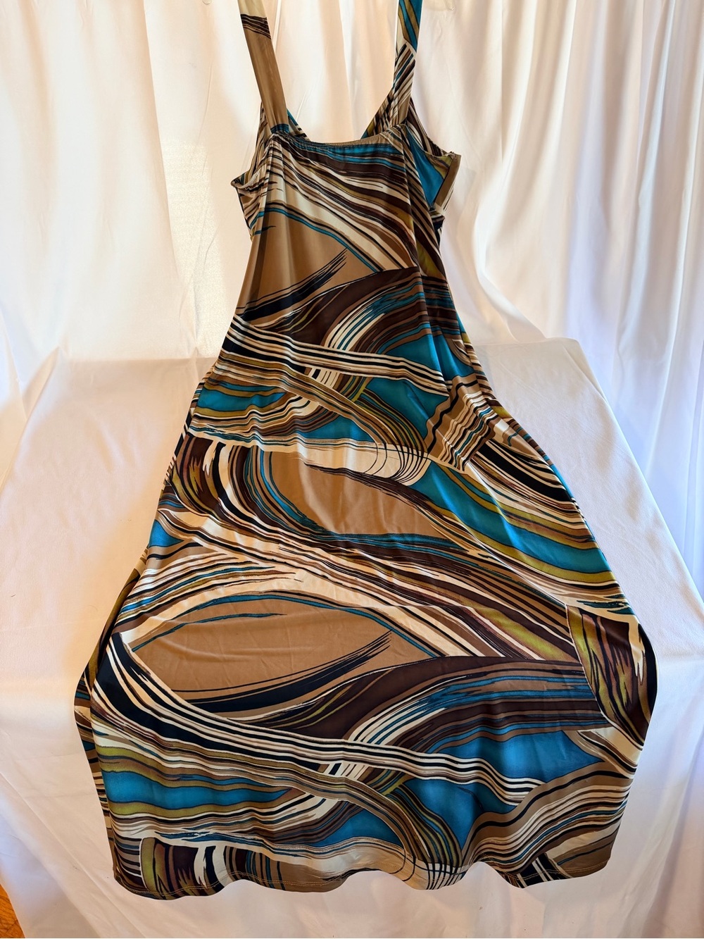 Spaghetti Strap Flowing Teal and Brown Wave-Print Maxi Dress